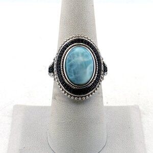 Estate Sterling Silver 925 Ring Oval Blue Larimar Gemstone Size 7 Vintage Style